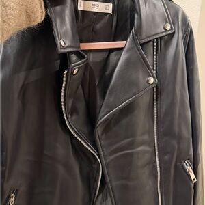 Mango Black Faux Leather Biker Jacket with Silver Hardware